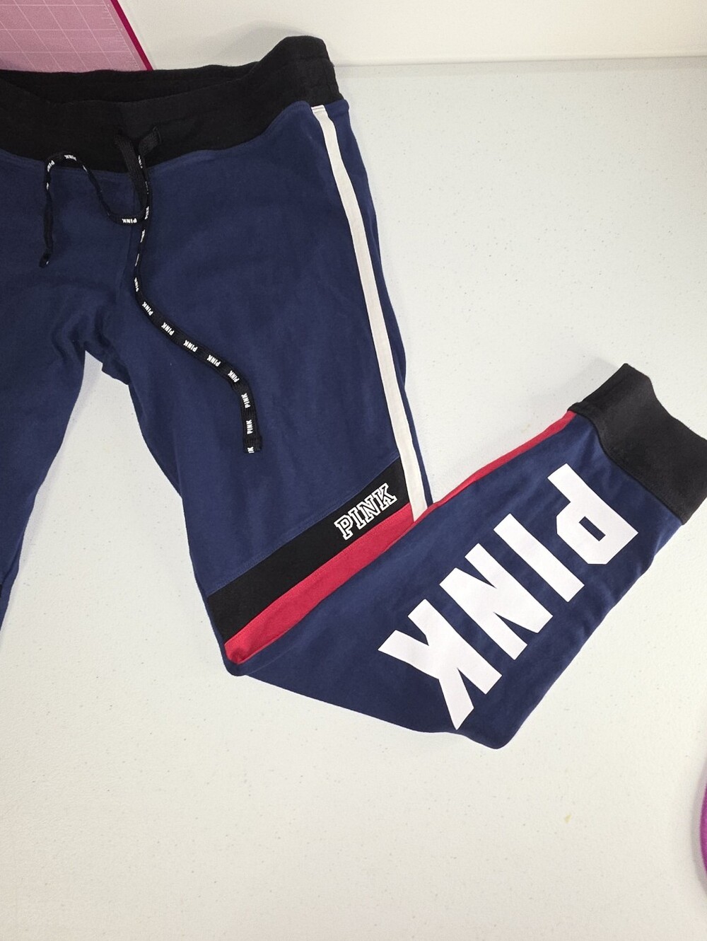 VS PINK Navy Blue Colorblock Side Stripe Graphic Yoga 7/8 Pants Size Large